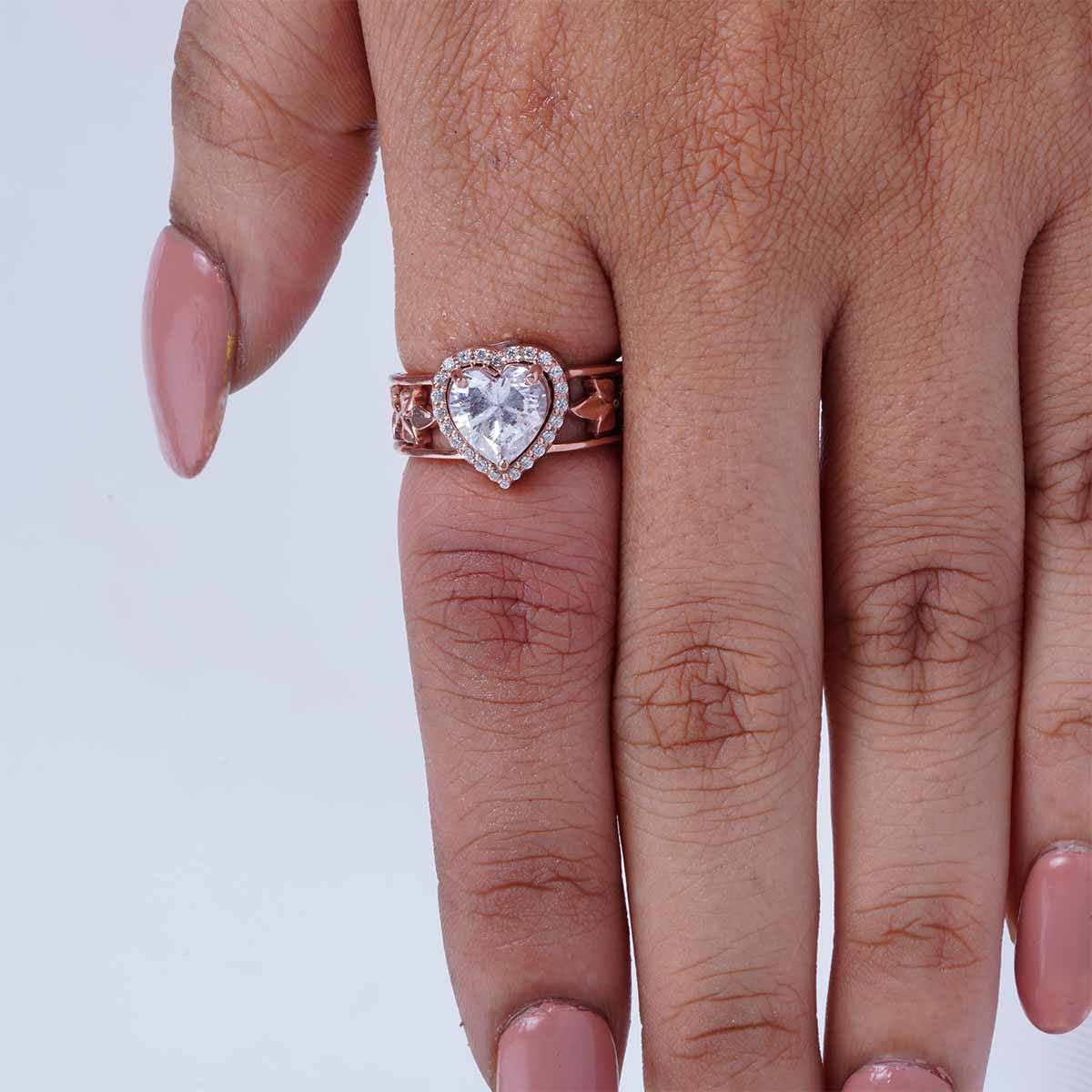 Halo Diamond Heart Engagement Rings Rose Gold Promise Ring