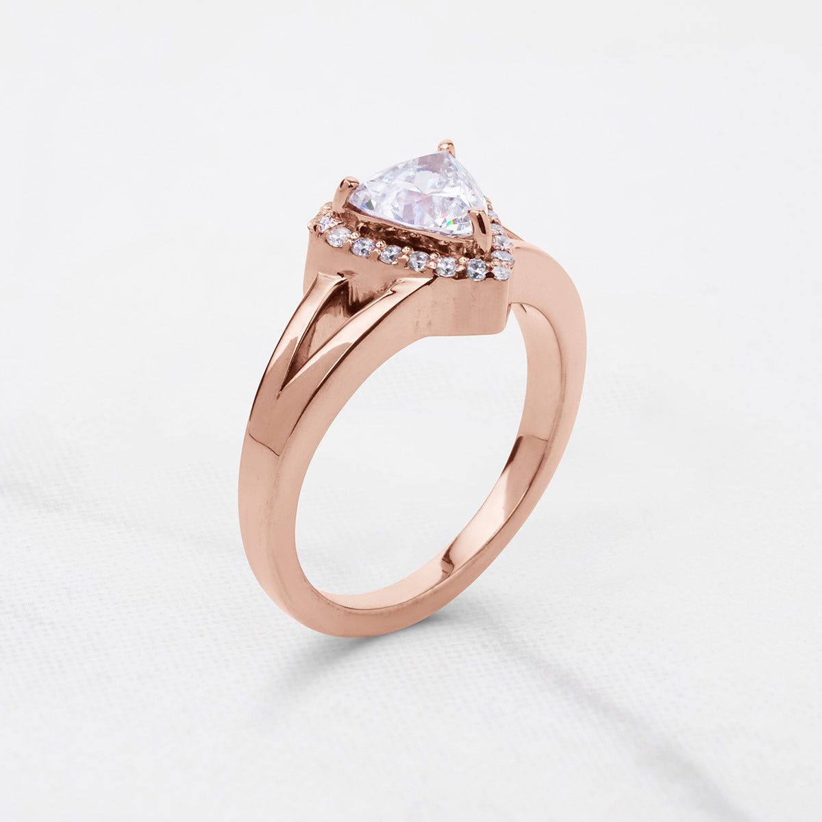 Trillion Cut Moissanite Halo Engagement Ring Split Shank Promise Wedding White Rose Gold
