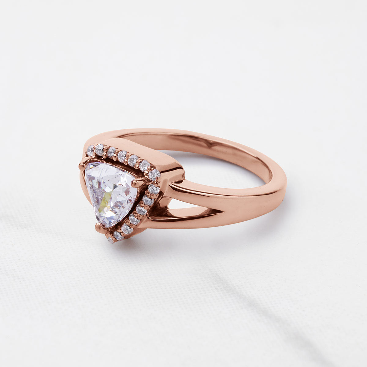 Trillion Cut Moissanite Halo Engagement Ring Split Shank Promise Wedding White Rose Gold