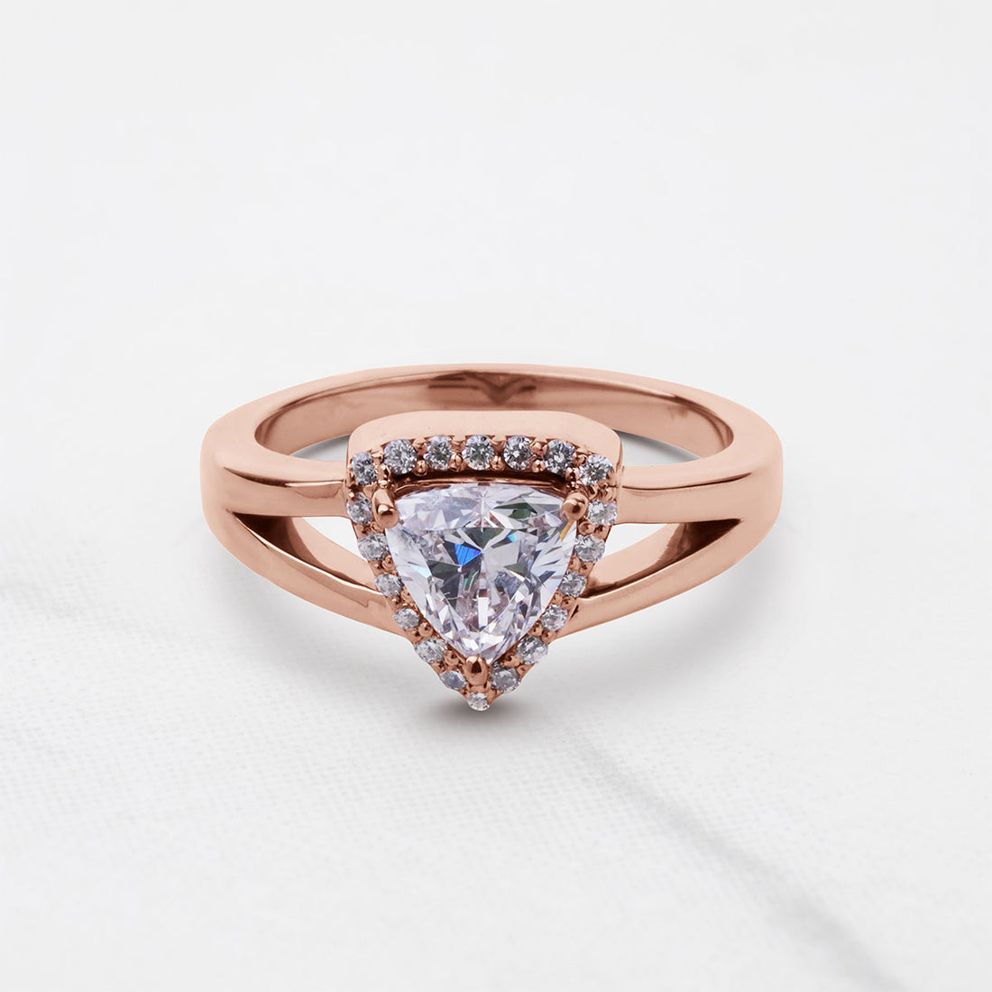Trillion Cut Moissanite Halo Engagement Ring Split Shank Promise Wedding White Rose Gold