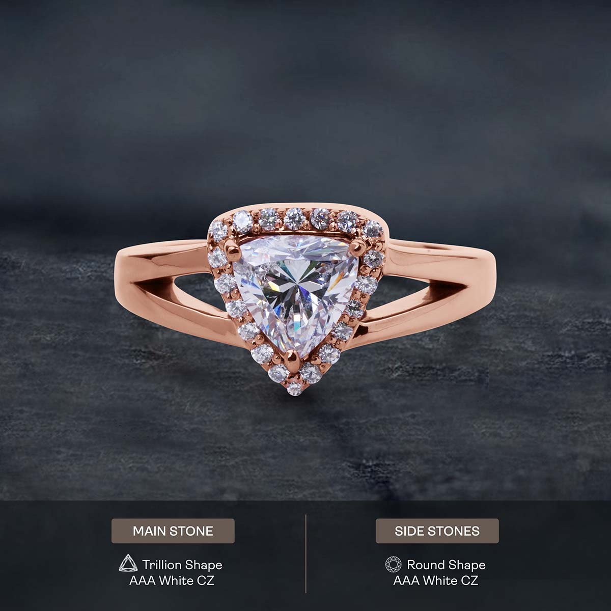 Trillion Cut Cubic Zirconia Diamond Halo Engagement Ring Split Shank Promise Wedding White Rose Gold