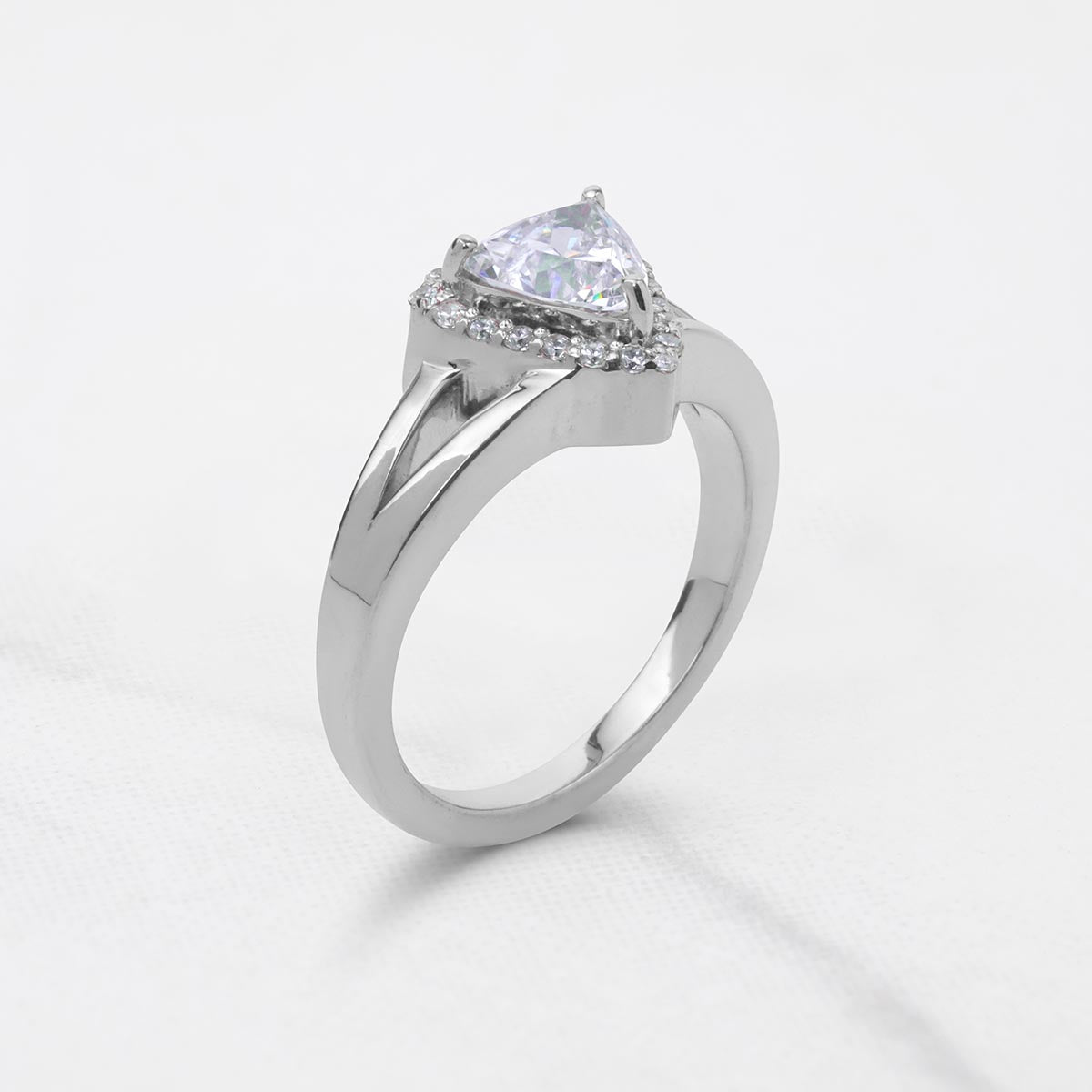 Trillion Cut Moissanite Halo Engagement Ring Split Shank Promise Wedding White Rose Gold