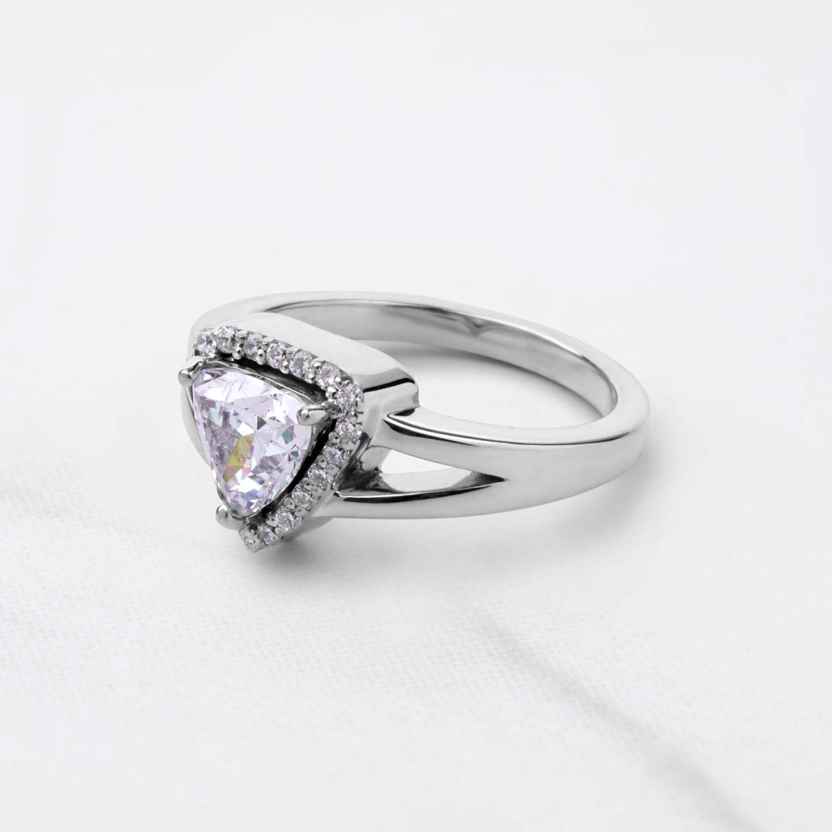 Trillion Cut Moissanite Halo Engagement Ring Split Shank Promise Wedding White Rose Gold