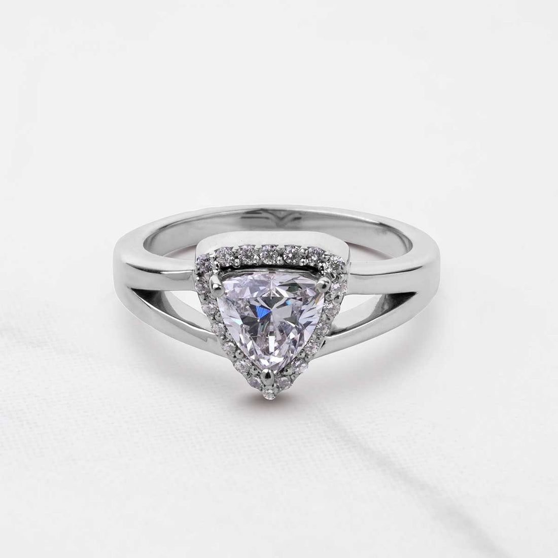 Trillion Cut Moissanite Halo Engagement Ring Split Shank Promise Wedding White Rose Gold