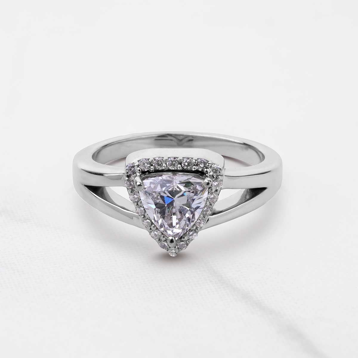 Trillion Cut Moissanite Halo Engagement Ring Split Shank Promise Wedding White Rose Gold