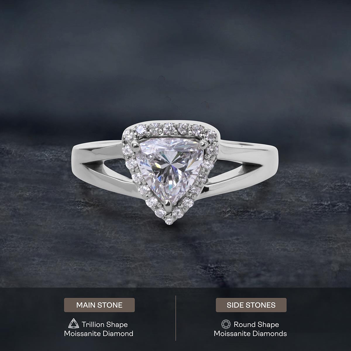 Trillion Cut Moissanite Halo Engagement Ring Split Shank Promise Wedding White Rose Gold