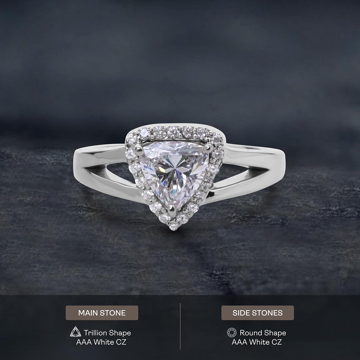 Trillion Cut Cubic Zirconia Diamond Halo Engagement Ring Split Shank Promise Wedding White Rose Gold