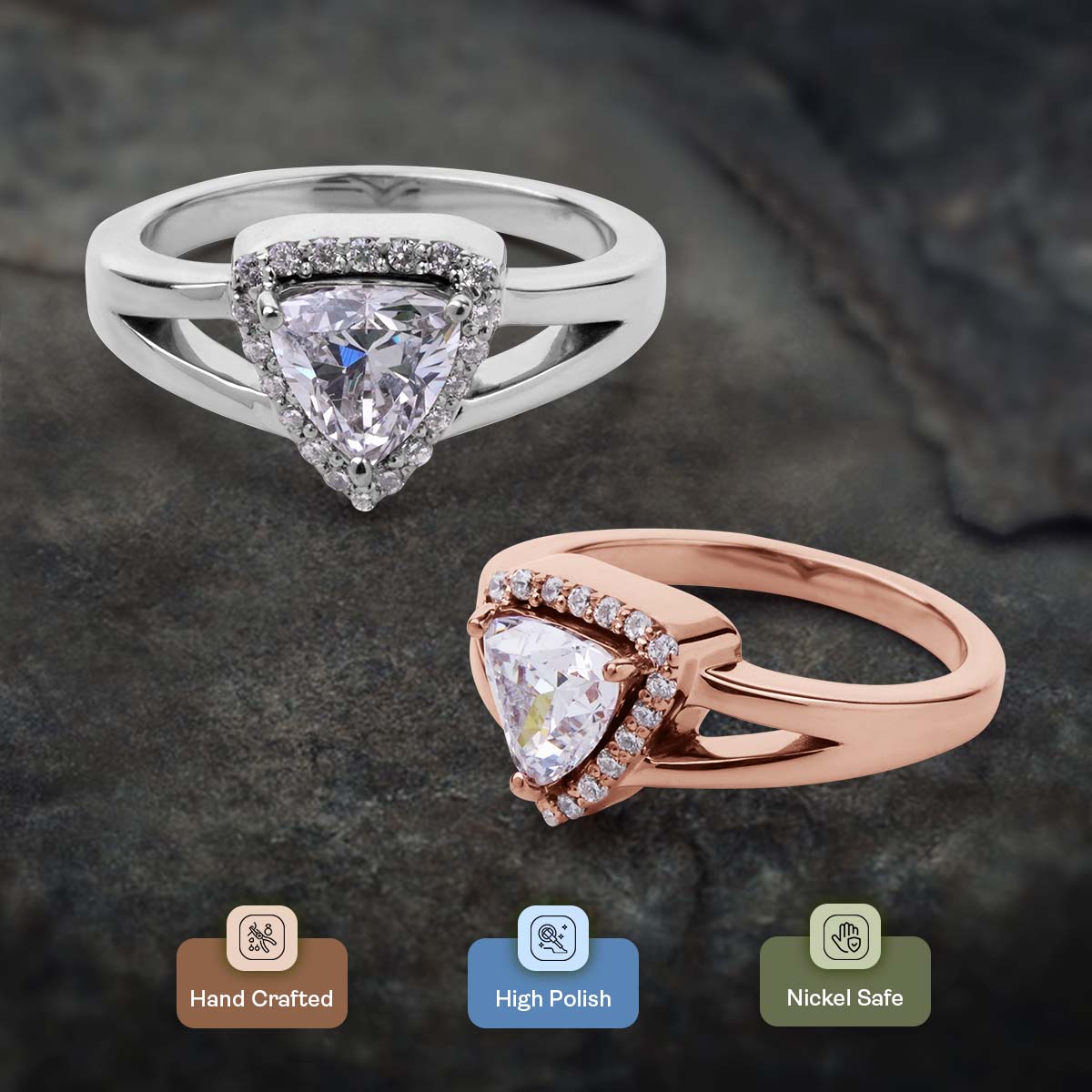 Trillion Cut Moissanite Halo Engagement Ring Split Shank Promise Wedding White Rose Gold