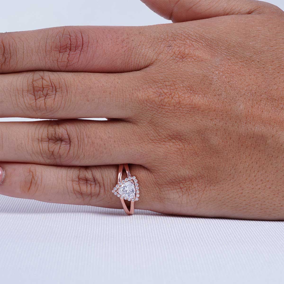 Trillion Cut Moissanite Halo Engagement Ring Split Shank Promise Wedding White Rose Gold