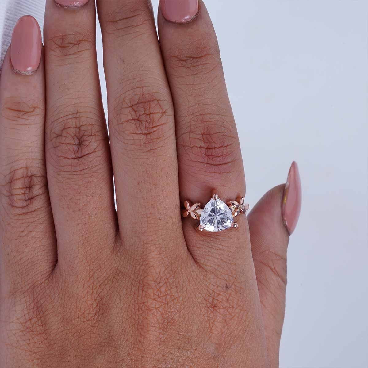Solitaire Trillion Diamond Promise Engagement Wedding Ring Floral Art Nouveau Jewelry
