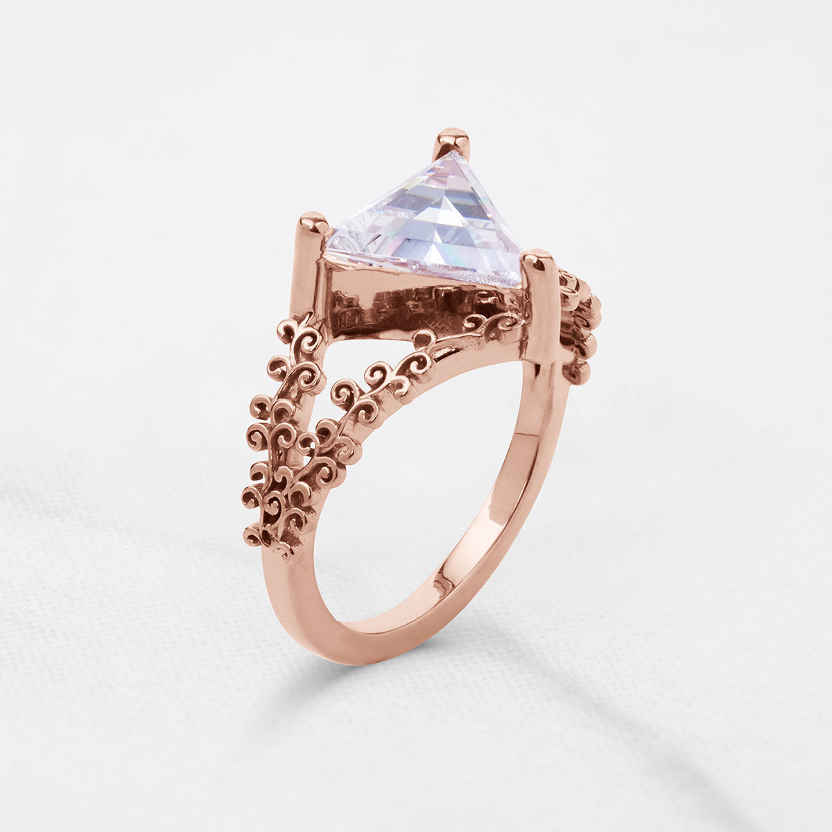 Solitaire Triangle Moissanite Engagement Ring Filigree Art Deco Wedding White Rose Gold Jewelry