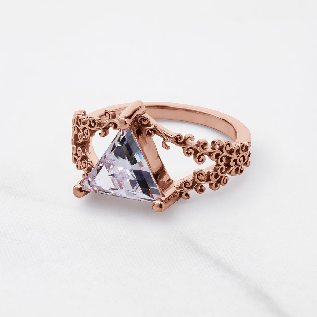 Solitaire Triangle Moissanite Engagement Ring Filigree Art Deco Wedding White Rose Gold Jewelry