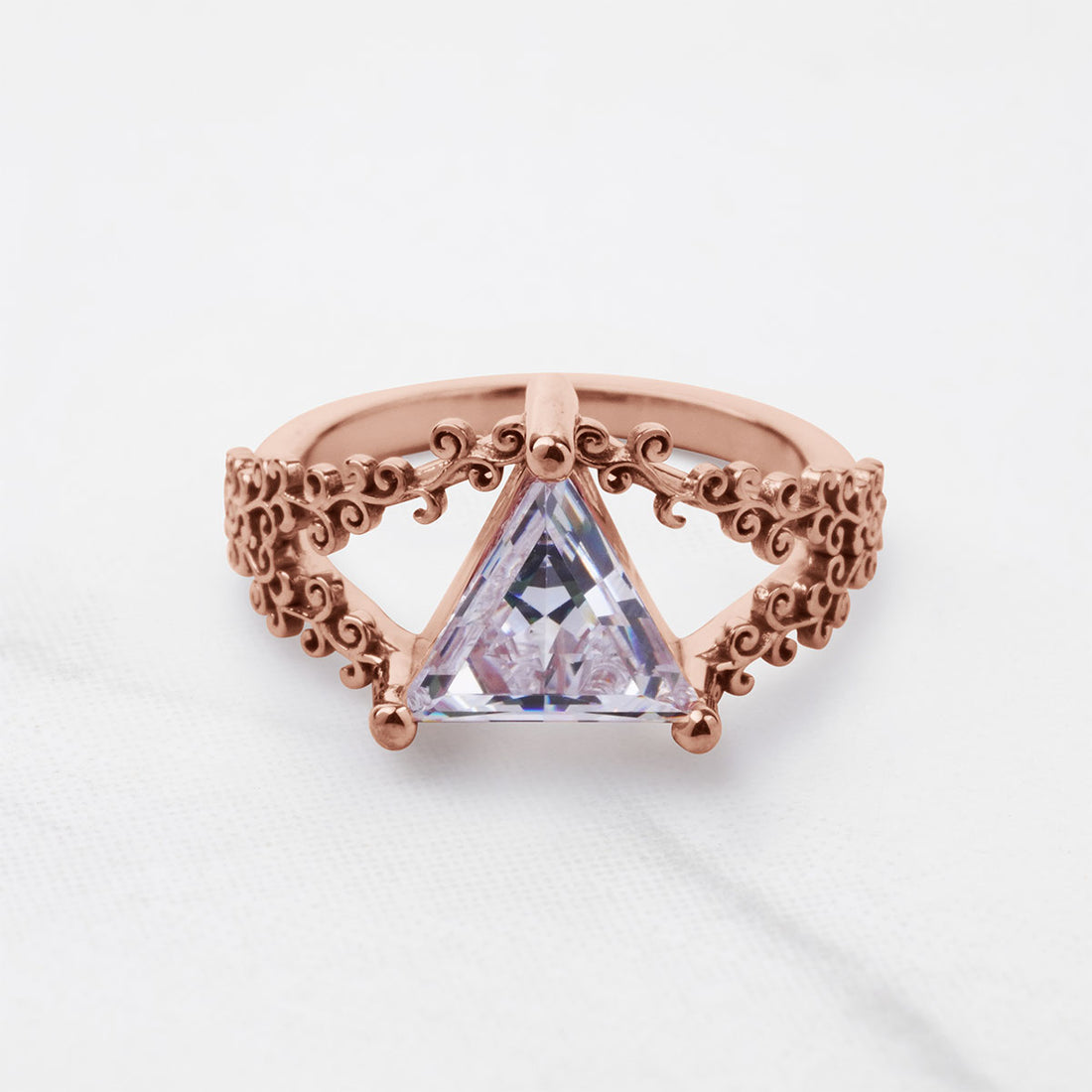 Solitaire Triangle Moissanite Engagement Ring Filigree Art Deco Wedding White Rose Gold Jewelry