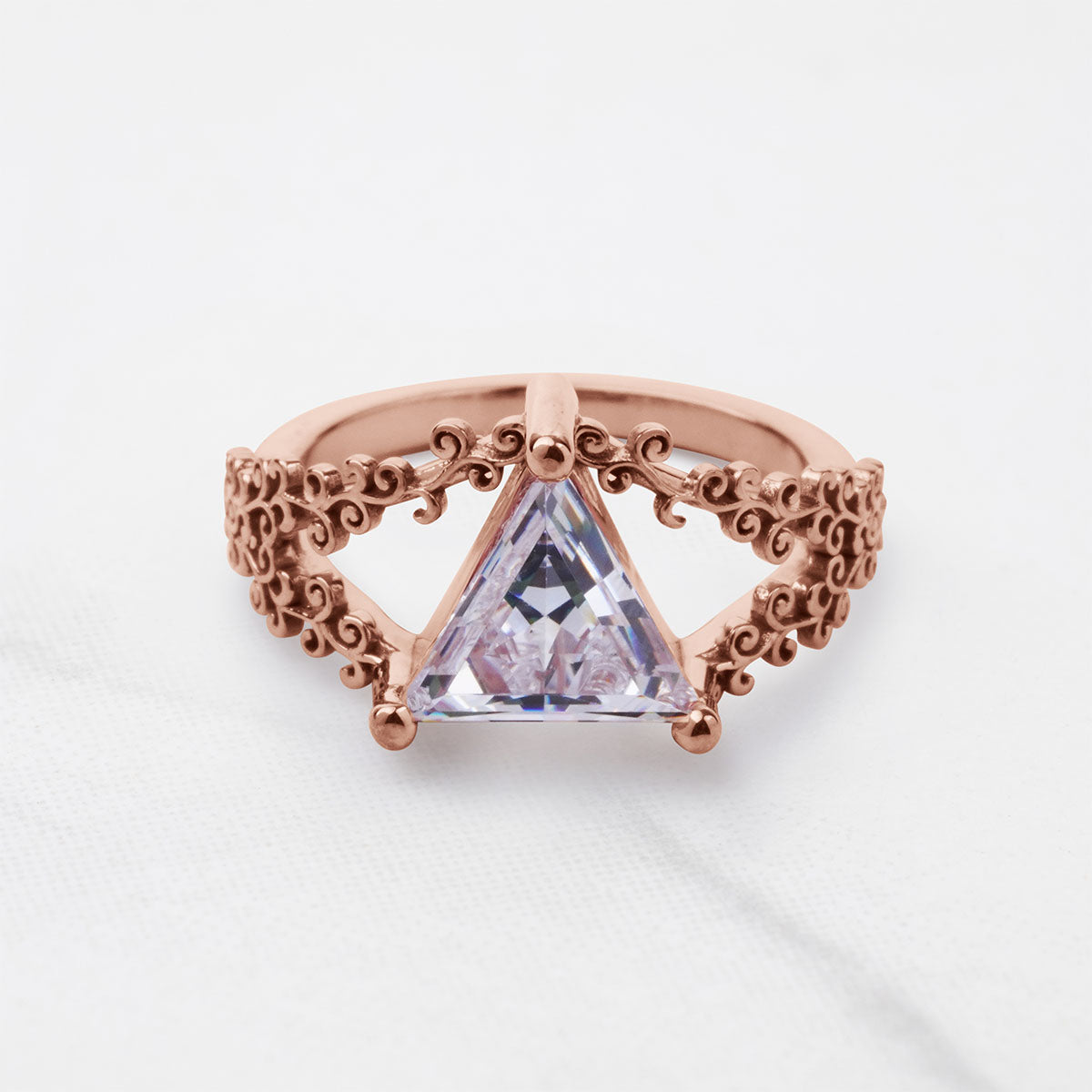 Solitaire Triangle Moissanite Engagement Ring Filigree Art Deco Wedding White Rose Gold Jewelry