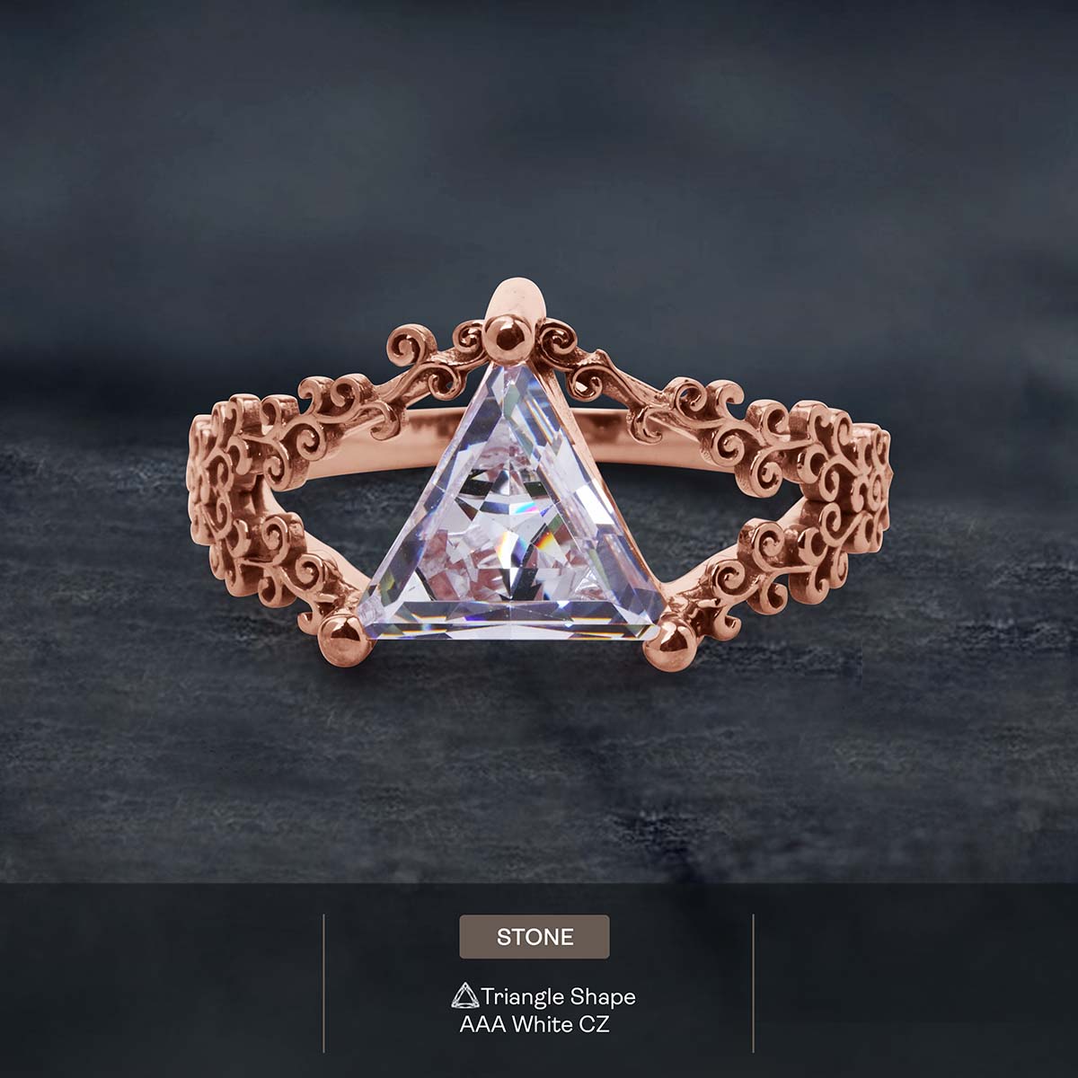 Triangle Cut Solitaire Engagement Ring Filigree Art Deco Cubic Zirconia Diamond Wedding White Rose Gold Jewelry