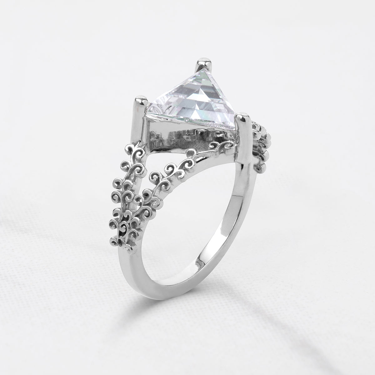Solitaire Triangle Moissanite Engagement Ring Filigree Art Deco Wedding White Rose Gold Jewelry