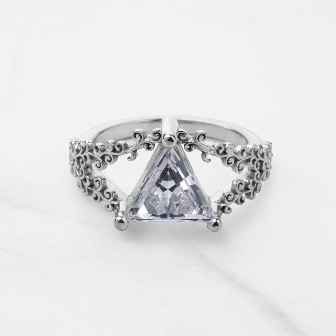 Solitaire Triangle Moissanite Engagement Ring Filigree Art Deco Wedding White Rose Gold Jewelry
