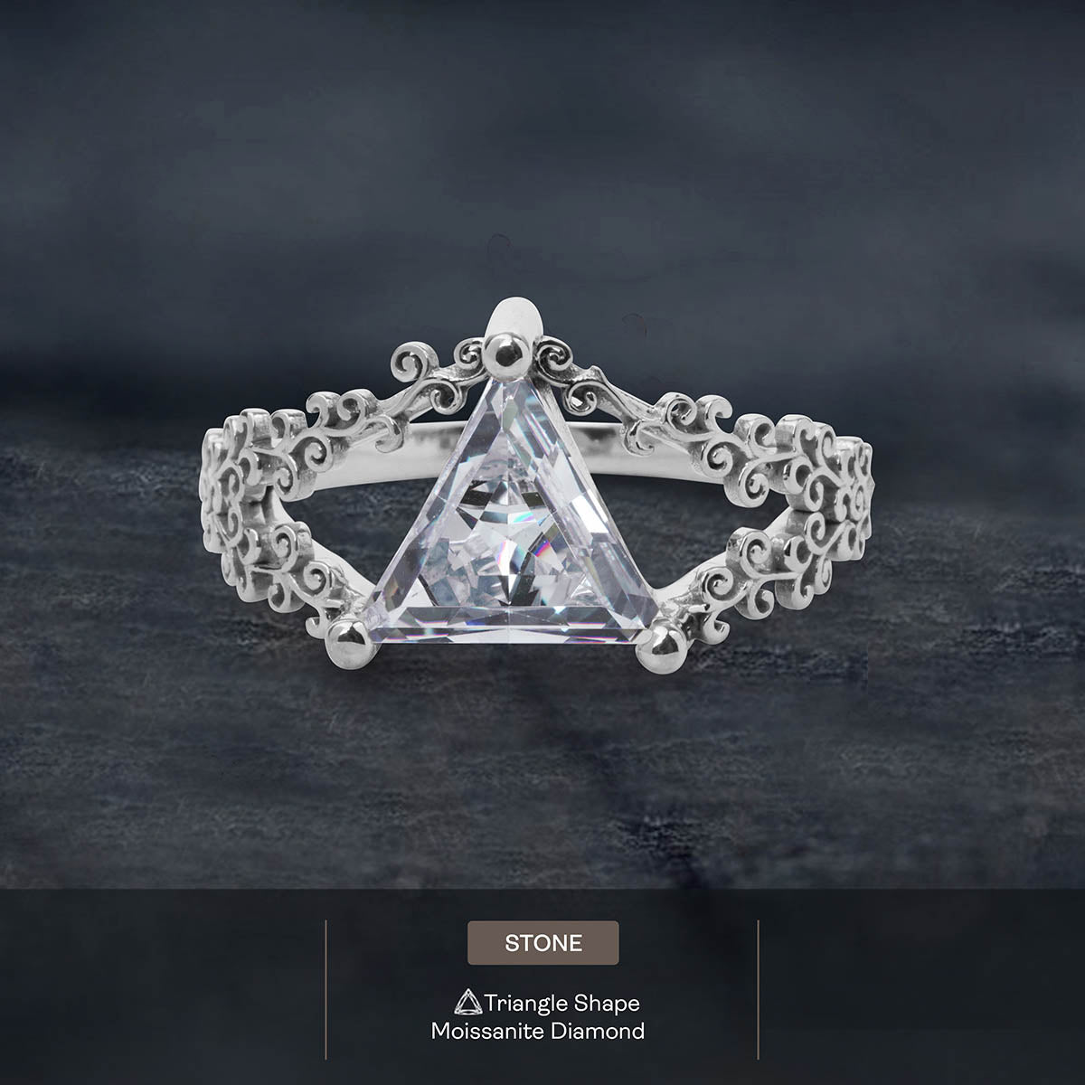 Solitaire Triangle Moissanite Engagement Ring Filigree Art Deco Wedding White Rose Gold Jewelry