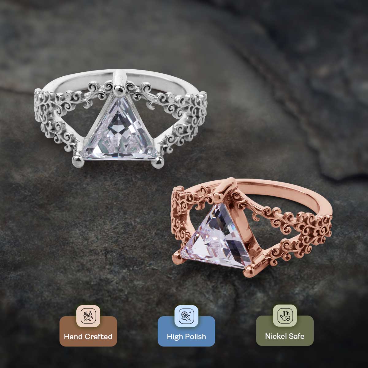 Solitaire Triangle Moissanite Engagement Ring Filigree Art Deco Wedding White Rose Gold Jewelry