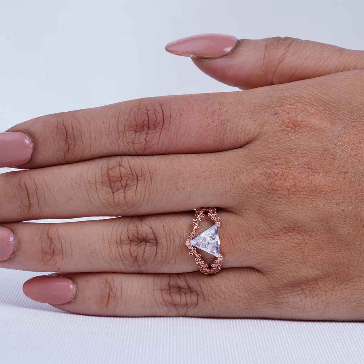 Solitaire Triangle Moissanite Engagement Ring Filigree Art Deco Wedding White Rose Gold Jewelry