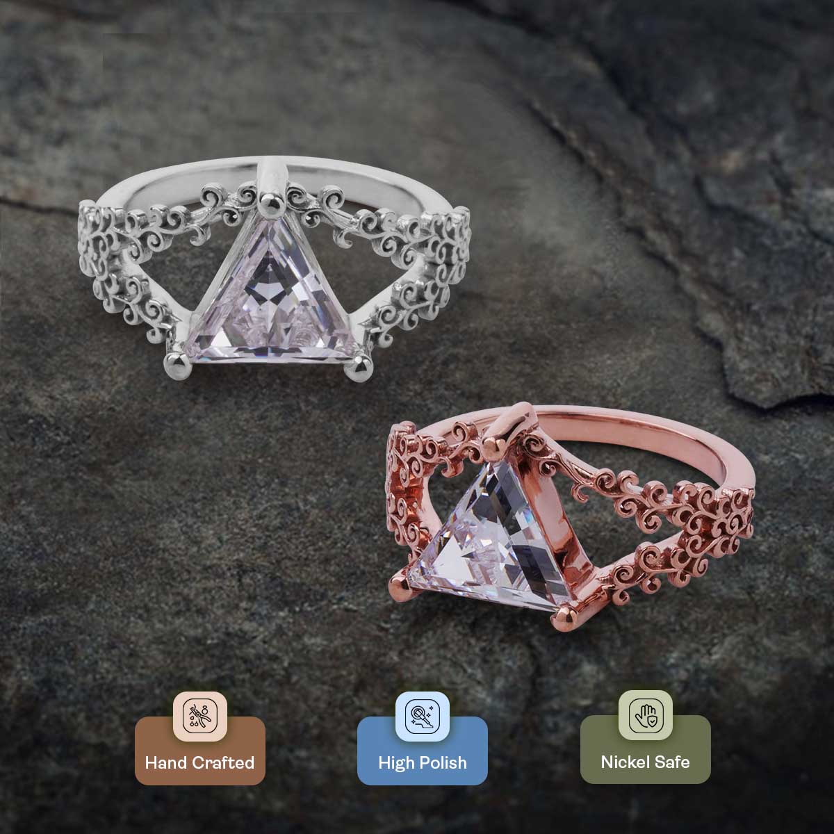 Triangle Cut 2CT Solitaire CZ Diamond Filigree Engagement Ring