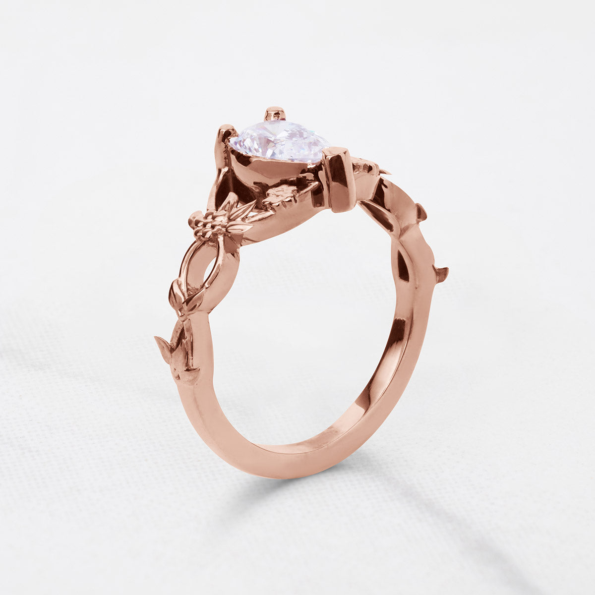 Pear Cut Teardrop Solitaire Moissanite Ring Floral Art Nouveau Promise Engagement Wedding Rings Rose Gold
