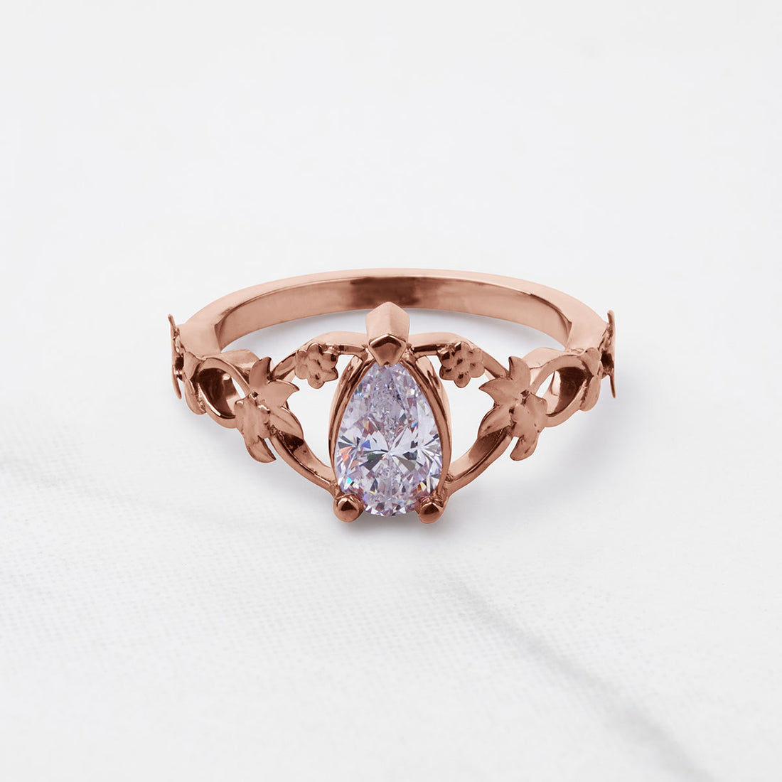 Pear Cut Teardrop Solitaire Moissanite Ring Floral Art Nouveau Promise Engagement Wedding Rings Rose Gold