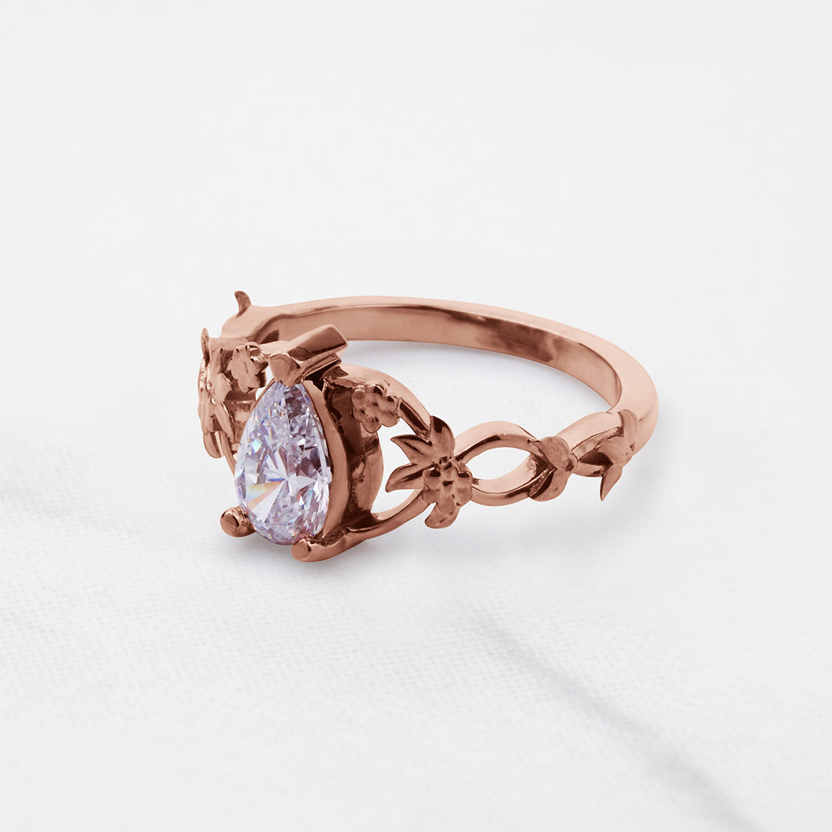 Pear Cut Teardrop Solitaire Moissanite Ring Floral Art Nouveau Promise Engagement Wedding Rings Rose Gold