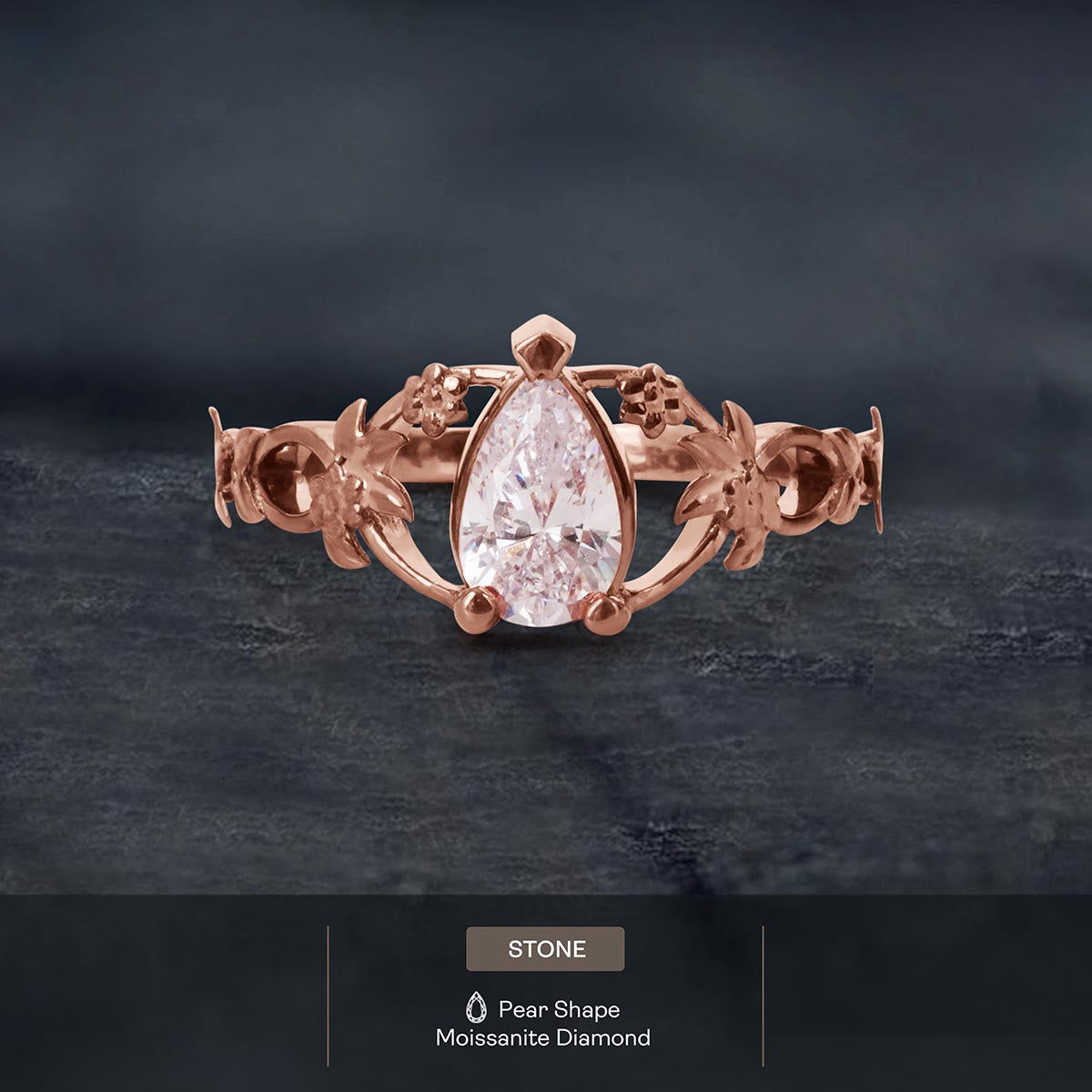 Pear Cut Teardrop Solitaire Moissanite Ring Floral Art Nouveau Promise Engagement Wedding Rings Rose Gold