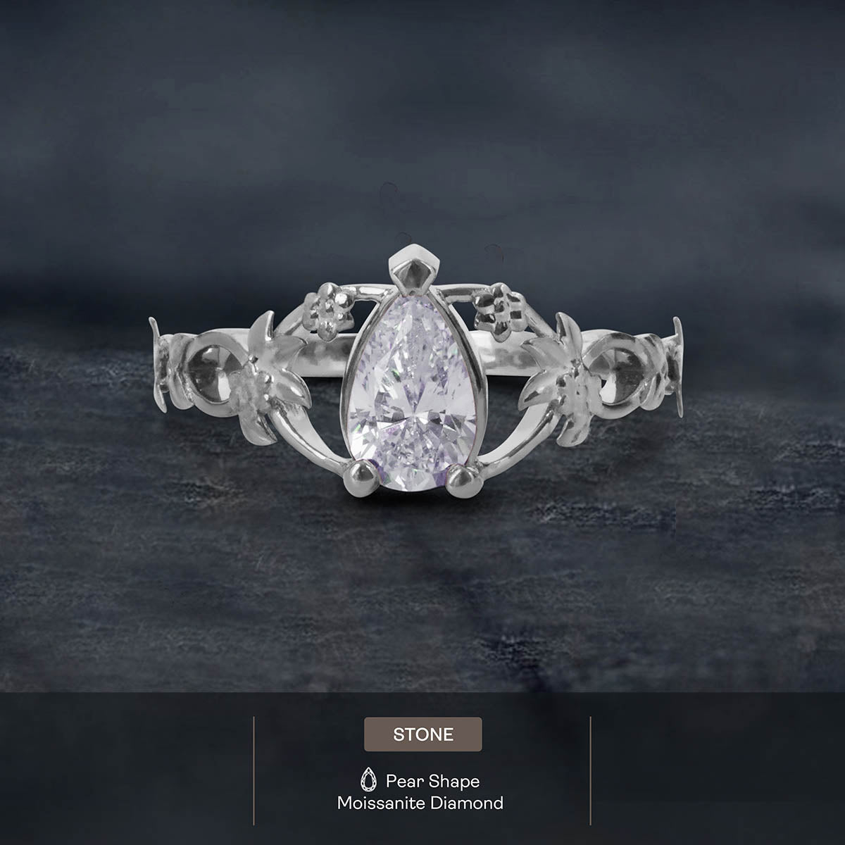 1CT Pear Cut Solitaire Moissanite Ring Art Nouveau Promise Rings