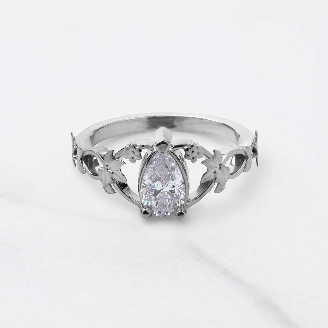 Pear Cut Teardrop Solitaire Moissanite Ring Floral Art Nouveau Promise Engagement Wedding Rings Rose Gold