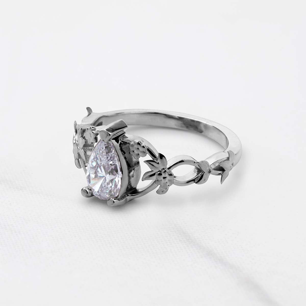 Pear Cut Teardrop Solitaire Moissanite Ring Floral Art Nouveau Promise Engagement Wedding Rings Rose Gold
