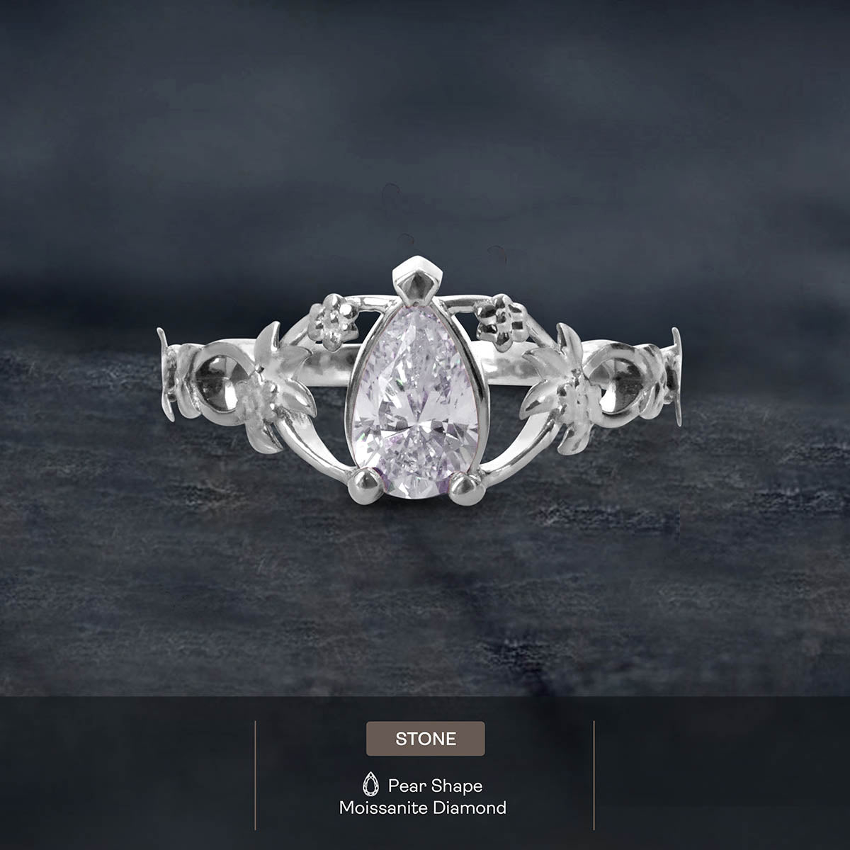 Pear Cut Teardrop Solitaire Moissanite Ring Floral Art Nouveau Promise Engagement Wedding Rings Rose Gold