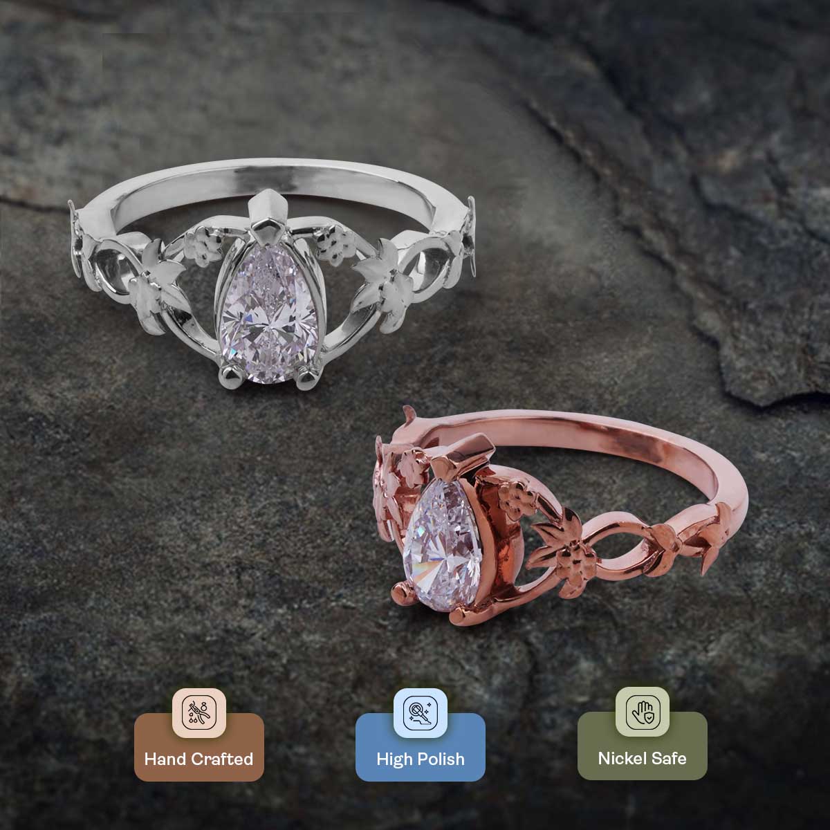 1CT Pear Cut Solitaire Moissanite Ring Art Nouveau Promise Rings
