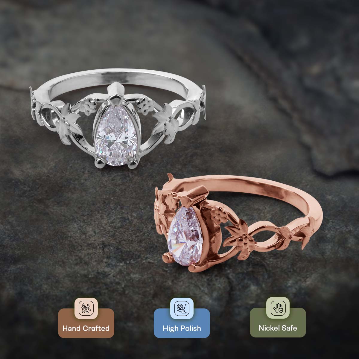 Pear Cut Teardrop Solitaire Moissanite Ring Floral Art Nouveau Promise Engagement Wedding Rings Rose Gold