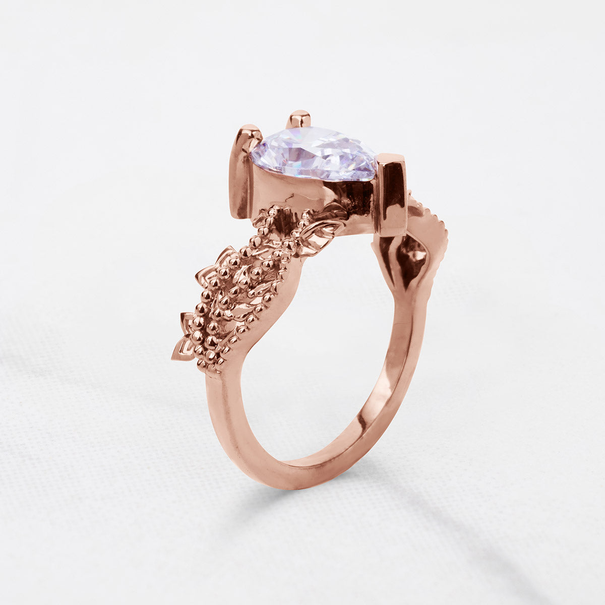 Pear Cut Moissanite Art Deco Engagement Ring White Rose Gold Vintage Solitaire