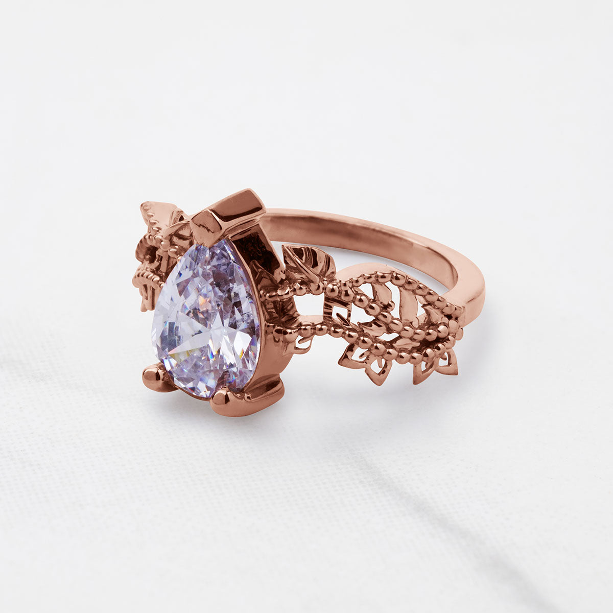 Pear Cut Moissanite Art Deco Engagement Ring White Rose Gold Vintage Solitaire
