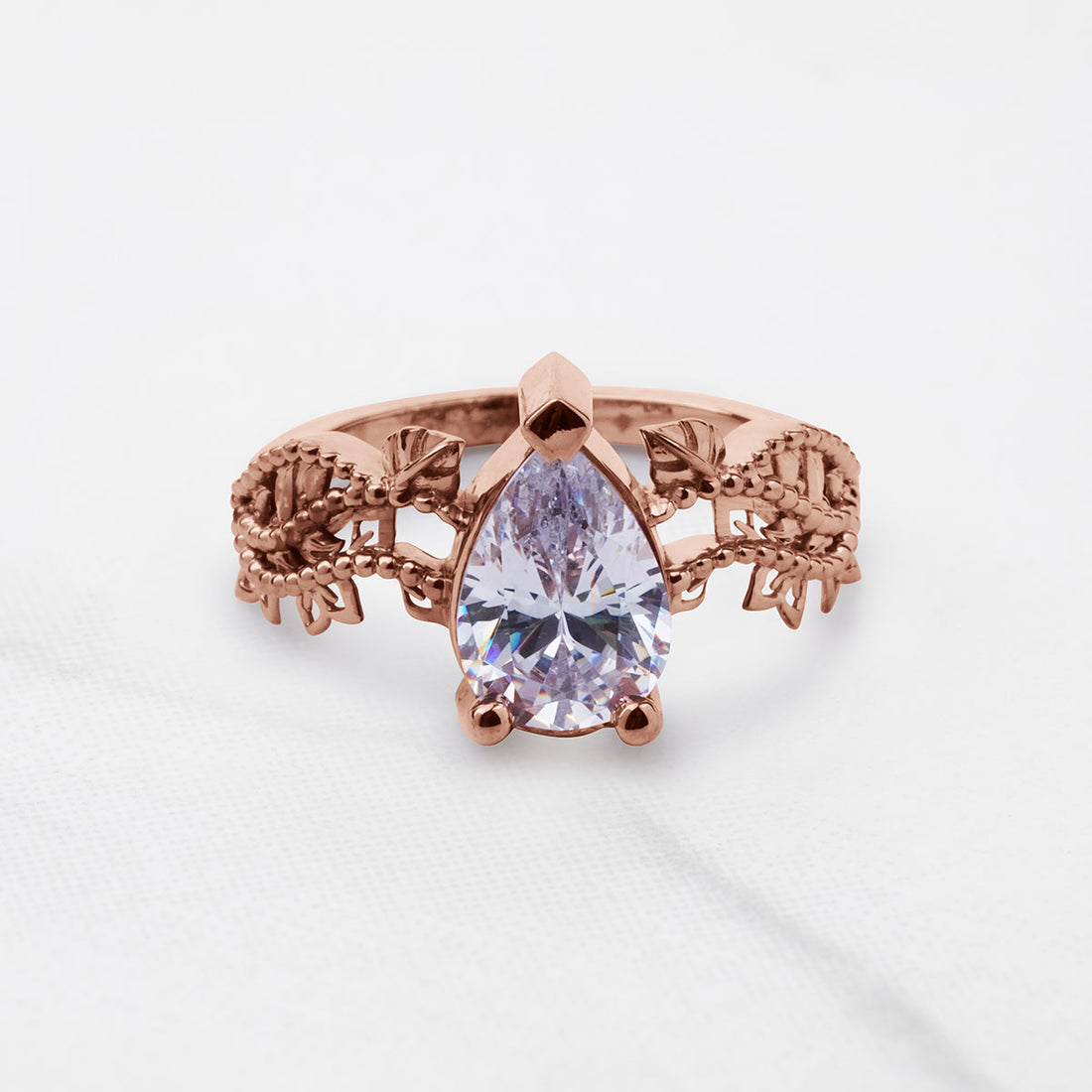 Pear Cut Moissanite Art Deco Engagement Ring White Rose Gold Vintage Solitaire