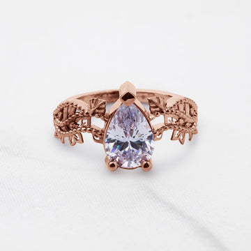 Pear Cut Moissanite Art Deco Engagement Ring White Rose Gold Vintage Solitaire