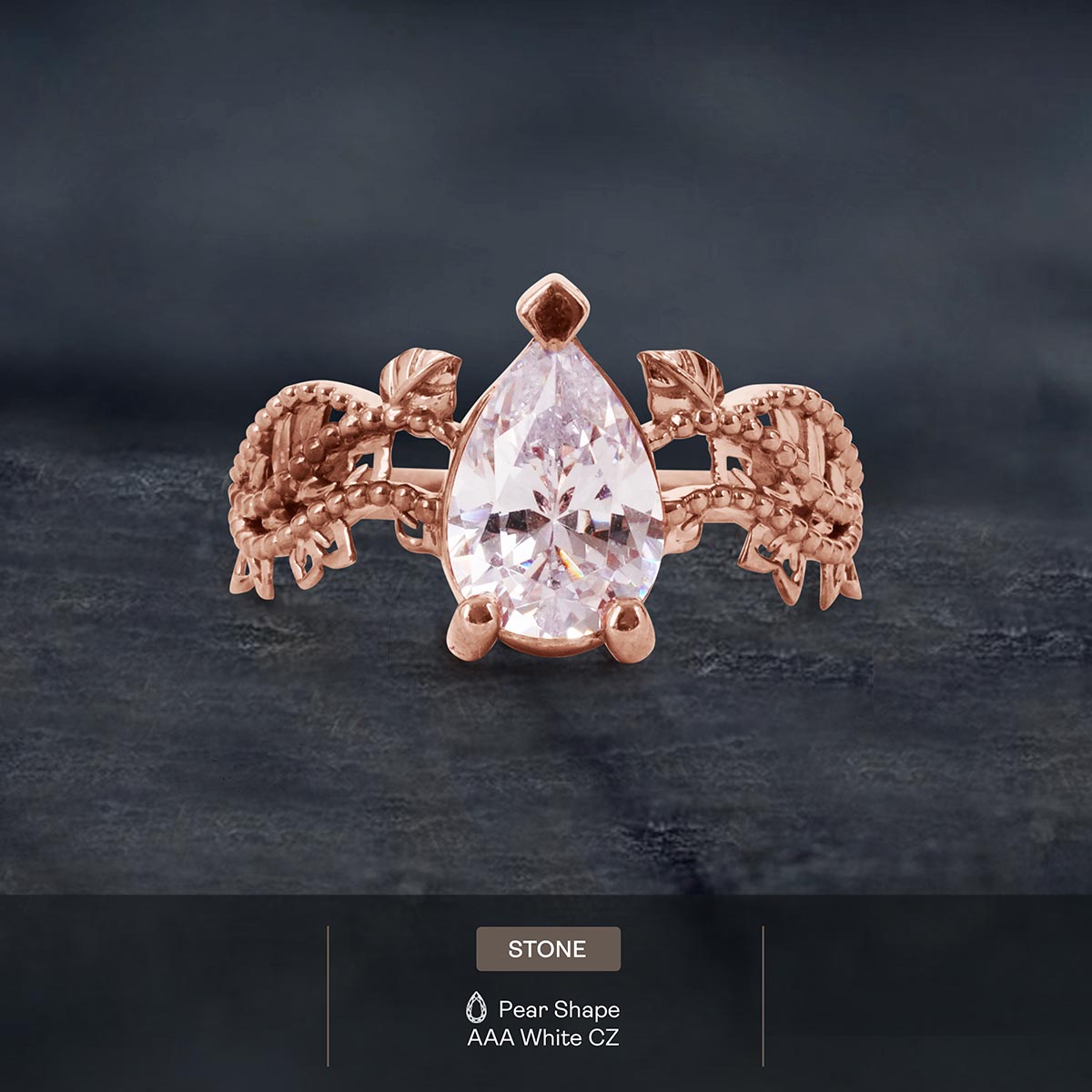 Pear Cut Cubic Zirconia Diamond Art Deco Engagement Ring White Rose Gold Vintage Solitaire