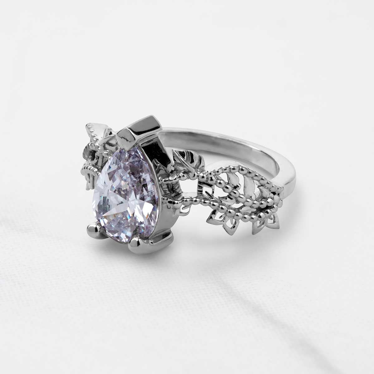 Pear Cut Moissanite Art Deco Engagement Ring White Rose Gold Vintage Solitaire