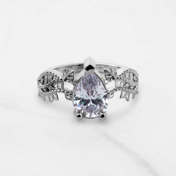 Pear Cut Moissanite Art Deco Engagement Ring White Rose Gold Vintage Solitaire