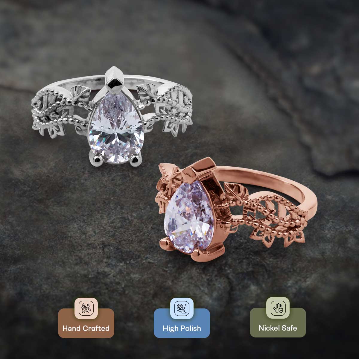 Pear Cut Moissanite Art Deco Engagement Ring White Rose Gold Vintage Solitaire