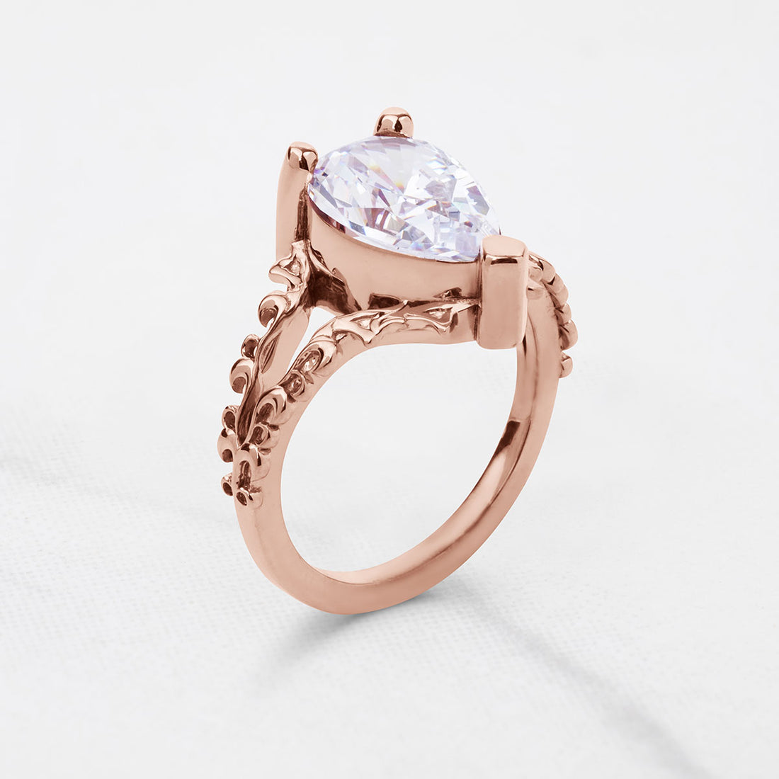 Solitaire Pear Cut Moissanite Art Nouveau Engagement Ring Teardrop Wedding Statement Split Shank Rose Gold