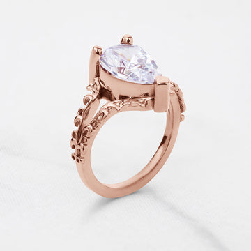 Solitaire Pear Cut Moissanite Art Nouveau Engagement Ring Teardrop Wedding Statement Split Shank Rose Gold