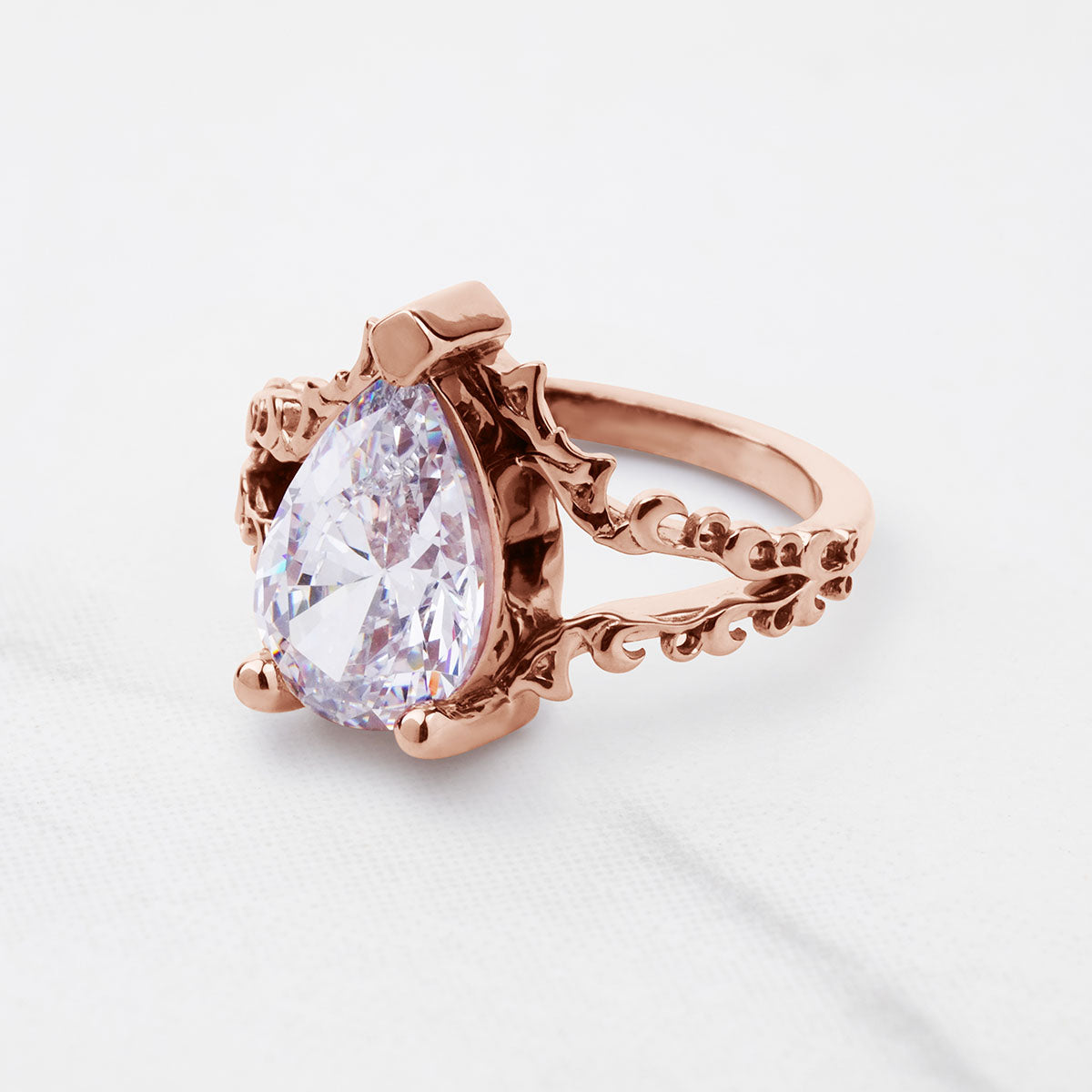 Solitaire Pear Cut Moissanite Art Nouveau Engagement Ring Teardrop Wedding Statement Split Shank Rose Gold
