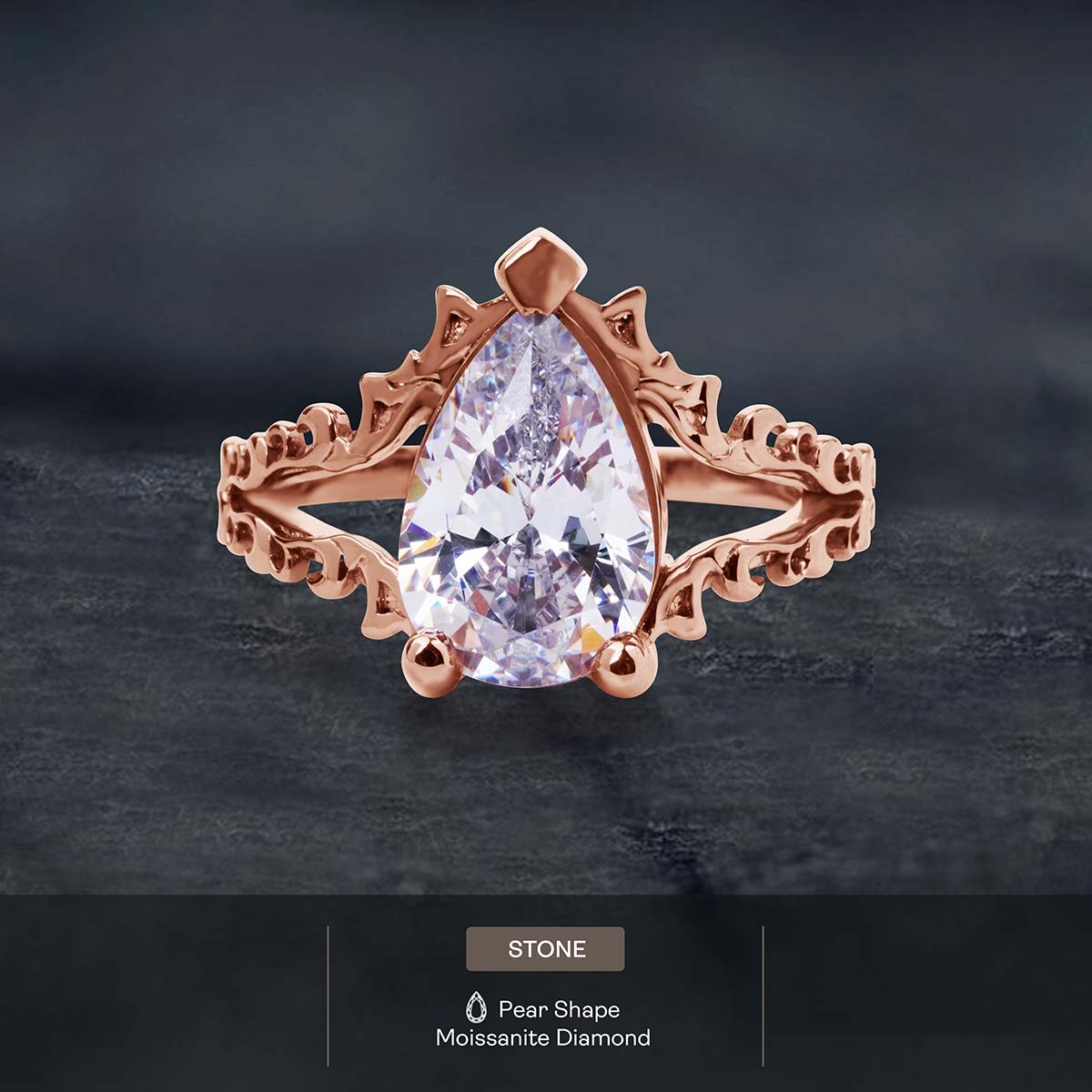 Solitaire Pear Cut Moissanite Art Nouveau Engagement Ring Teardrop Wedding Statement Split Shank Rose Gold