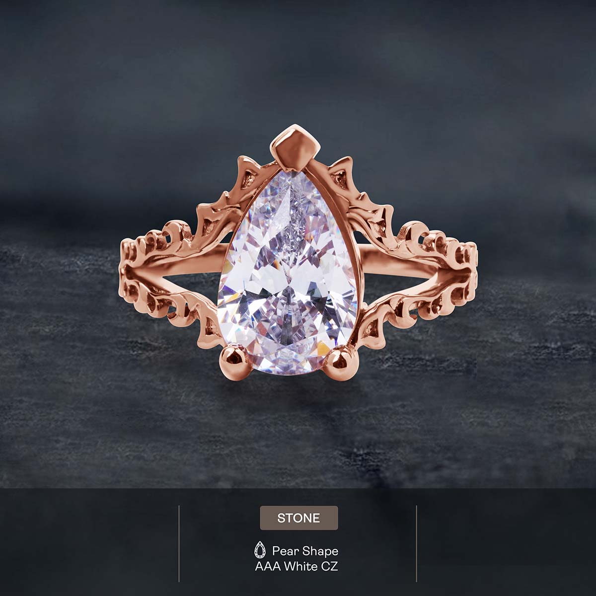 Solitaire Pear Cut Cubic Zirconia Art Nouveau Engagement Ring Teardrop Wedding Statement Split Shank Rose Gold
