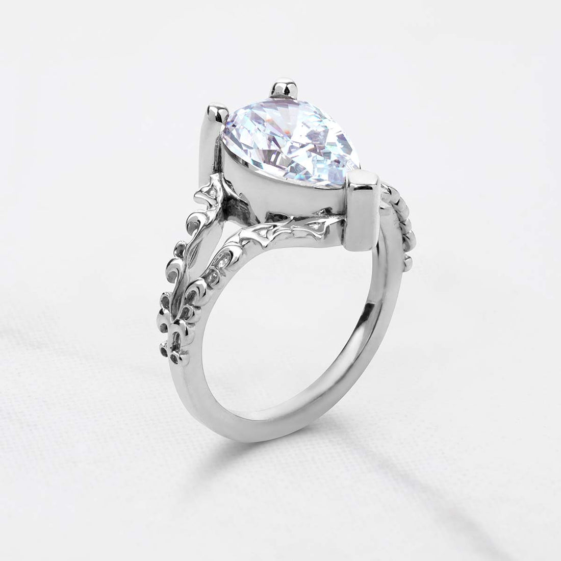 Solitaire Pear Cut Moissanite Art Nouveau Engagement Ring Teardrop Wedding Statement Split Shank Rose Gold
