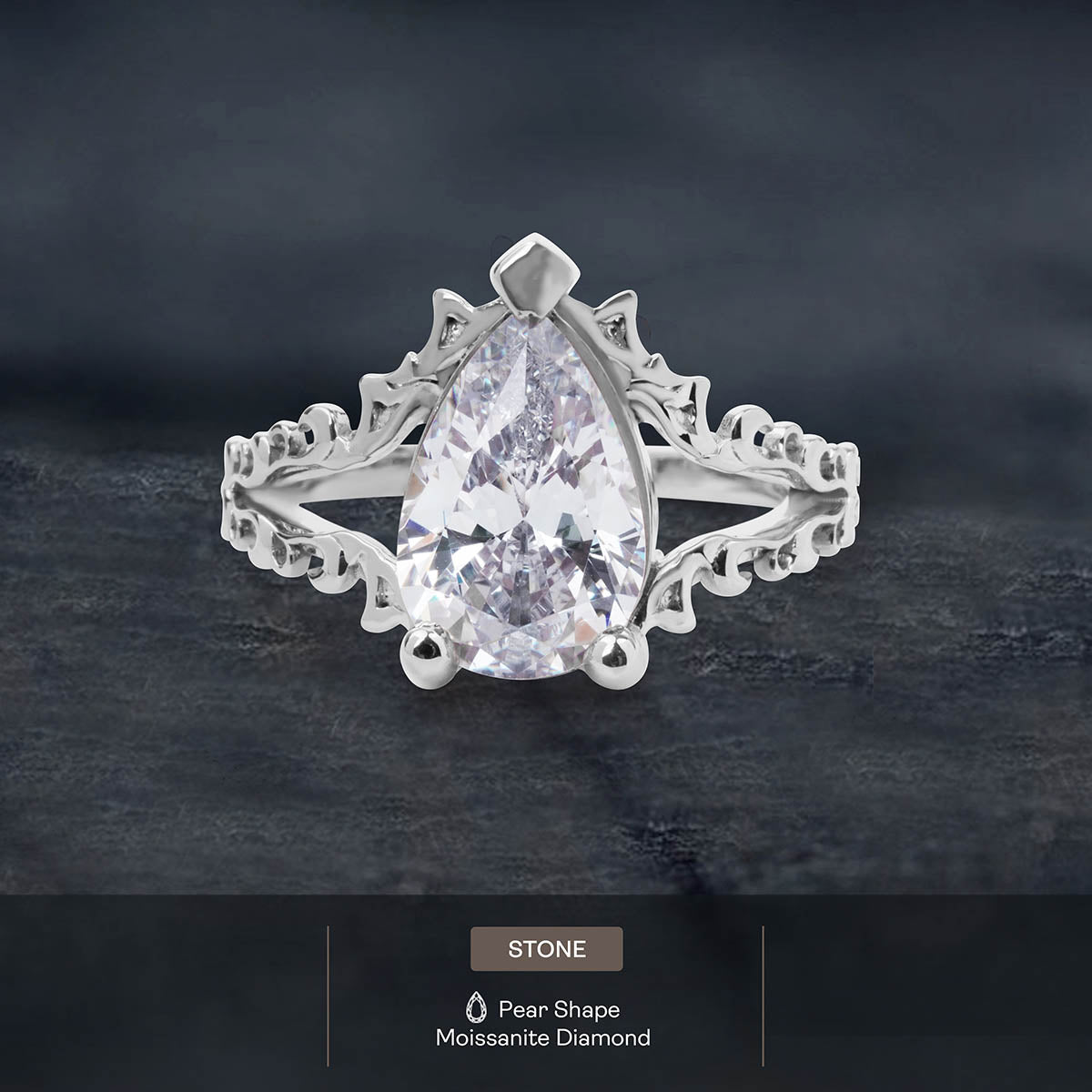 Solitaire Pear Cut Moissanite Art Nouveau Engagement Ring Teardrop Wedding Statement Split Shank Rose Gold